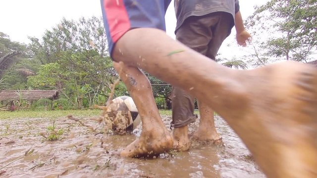 Indigenous Kids Playing Football In The Rain In An Amazon Village
