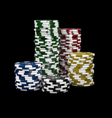 3d Illustration of casino chips isolated on black realistic theme