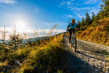Mountain biking woman riding on bike in summer mountains forest landscape. Woman cycling MTB flow...