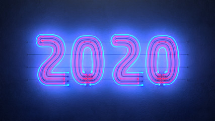 Blue and red neon sign 2020 on wall 3D rendering illustration