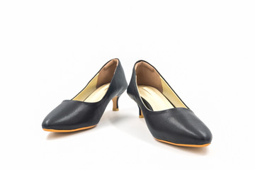 Black female high heeled leather shoes on white background.