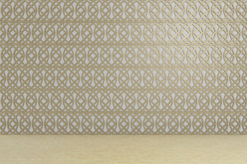 gold pattern style on white wall, empty room, 3d render background	