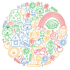 Time to adventure. Imagination creativity small children play nursery kindergarten preschool school kids drawing doodle icons pattern, play, study, learn with happy boys and girls Let's explore space.