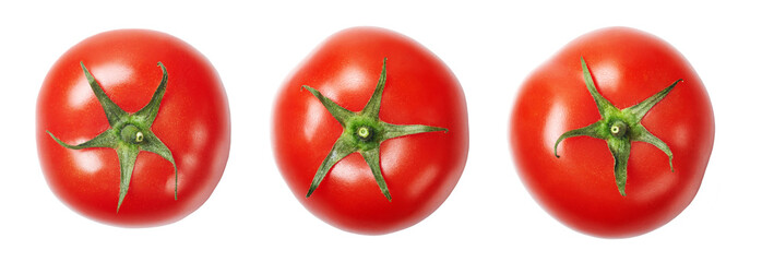 A set of red, ripe, fresh tomatoes isolated on white background. Top view.