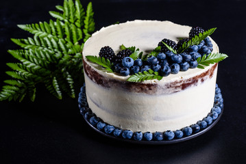 Beautiful tasty cake with white cream and berries of blueberry