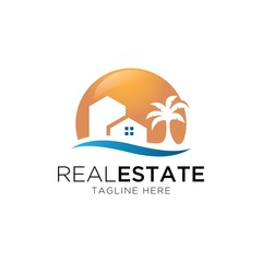 house and beach illustration logo design vector template.Coastal house logo inspiration