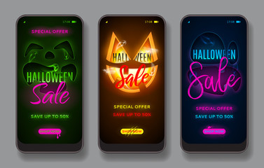 Set of promo banners for Halloween sale. Halloween greeting card with neon text for mobile app pages. Vector illustration with transparent ghosts. Seasonal discount promo ads for social media.
