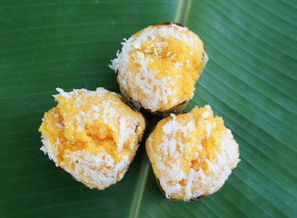 Tan snack on banana leaf