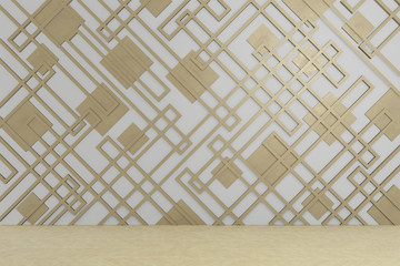 gold pattern block on white wall, empty room, 3d rendering background