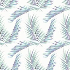 Seamless watercolor pattern with palm leaves on white background.