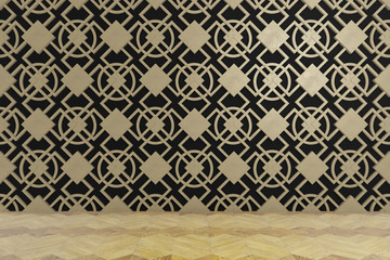 gold pattern on black wall, empty room, 3d rendering background
