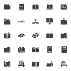 Books vector icons set, modern solid symbol collection filled style pictogram pack. Signs, logo illustration. Set includes icons as open book page with bookmark, textbook, notebook, library, bookshelf