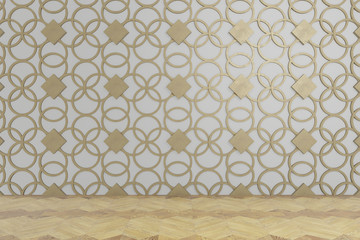 gold floral pattern on white wall background, empty room, 3d rendering