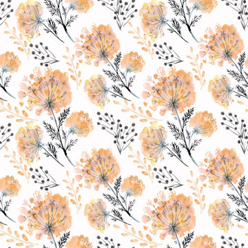 Seamless Watercolor Floral Pattern With Orange Flowers .
