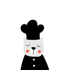 Baby print with bear and cook hat. Hand drawn vector illustration for poster, card, label, banner, flyer, baby wear, kids room decoration. Scandinavian style.