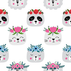 Seamless childish pattern with animals faces and floral wreath. Kids design for fabric, wrapping, textile, wallpaper, apparel. Scandinavian style.Vector illustration