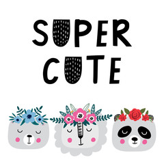 Baby print with  animals and floral wreath. Hand drawn vector illustration for poster, card, label, banner, flyer, baby wear, kids room decoration. Scandinavian style