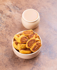 Indian Traditional Spicy Snack Bhakarwadi Also Know as Bakarwadi, Bakarvadi, Bakar Vadi or Bakar Wadi Are Deep Fried Snack Made From Chickpea Flour