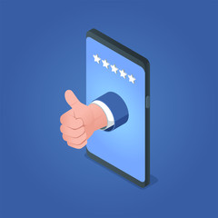 Best choice concept. Hand thumbs up and mobile phone. Isometric vector illustration