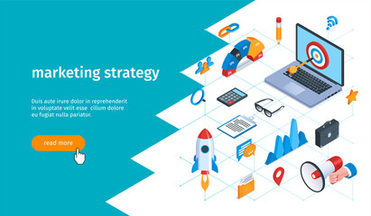 Marketing strategy banner. Layouts of laptop, rocket, magnifying glass, graphs and pencil. Isometric vector illustration
