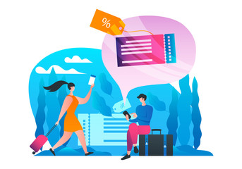 Cheap tickets banner. Man orders tickets via internet. Online booking. Modern vector illustration