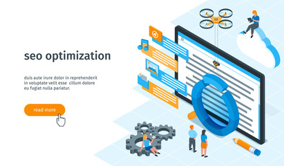 Seo optimization banner. Images of children and miniature people. Magnifying glass, computer monitor and drone. Isometric vector illustration