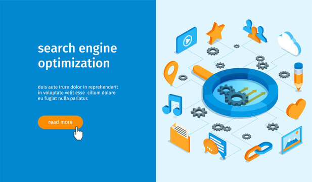 Seo optimization banner. Magnifying glass, gears, pencil, cloud, computer monitor and drone. Isometric vector illustration
