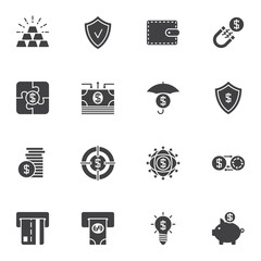 Financial theme vector icons set, modern solid symbol collection, filled style pictogram pack. Signs, logo illustration. Set includes icons as dollar money, coins, atm, bank card, gold bars, piggy box