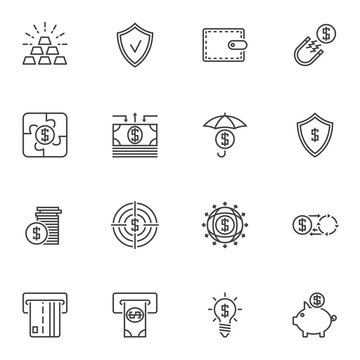 Financial theme line icons set. linear style symbols collection, outline signs pack. vector graphics. Set includes icons as purse, dollar money protection, coins, atm, bank card, gold bars, piggy box