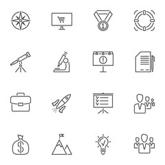 Successful business startup line icons set. linear style symbols collection, outline signs pack. vector graphics. Set includes icons as medal, target, teamwork leader, startup rocket, contract doc