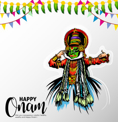 illustration of colorful Kathakali dancer and snakeboat race in Onam celebration on background for Happy Onam festival of South India Kerala