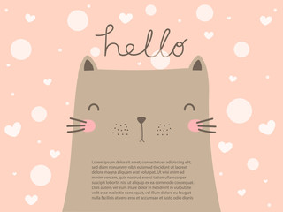 Cute big grey cat with smiling face look so funny on pastel pink background with text hello. Sweet and beautiful cat wallpaper in vector doodle art design with copy space decorate with heart and dot.