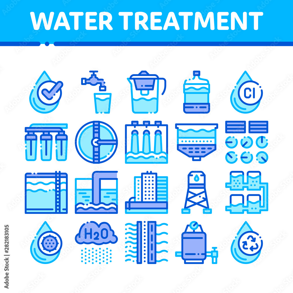 Poster Water Treatment Items Vector Thin Line Icons Set. Filter And Cleaning System Water Treatment Elements From Microbe Germs Linear Pictograms. Rain Cloud And Pump Station Color Contour Illustrations