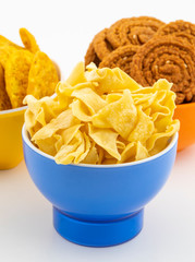 Indian Street Snack Food Besan Papdi With Masala Khari Papdi or Chakli on White Background