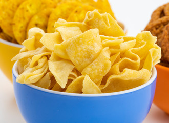 Indian Street Snack Food Besan Papdi With Masala Khari Papdi or Chakli on White Background