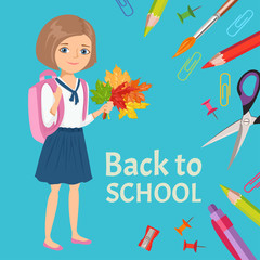 Back to school banner, poster. Happy smiling schoolgirl with backpack and a bouquet of autumn leaves. Vector illustration of school supplies in cartoon flat simple style.