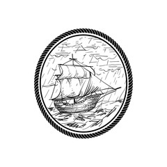 Circle badge old ship between stormy ocean logo template