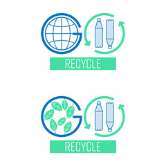 Go recycle, go green typographic symbol set. Preserve the environment by sorting and returning single-use plastic waste to be recycled. Vector illustration outline flat design style.