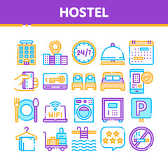 Collection Hostel Elements Vector Sign Icons Set. Building Hostel And Location, Calendar And Parking Symbol, Bed And Laundry Machine Linear Pictograms. Wifi Internet Color Contour Illustrations