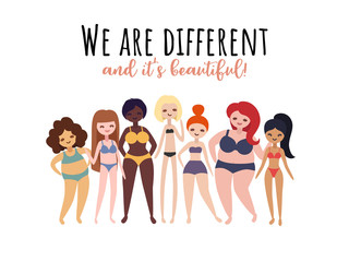 Women with different bodies, weight, height. Various body shapes vector illustration. Happy and beautiful body positive girls.