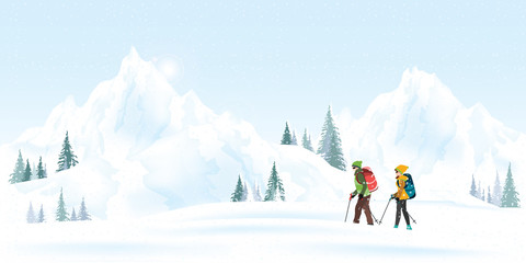Mountain couple climbers with backpacks walking through heavy snow in winter season.