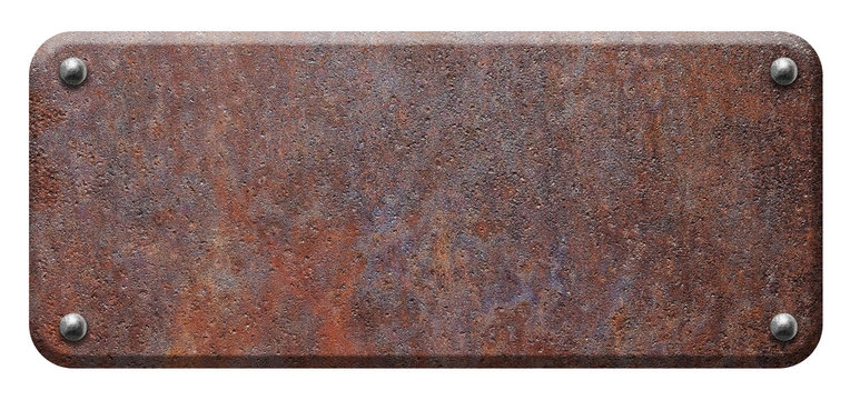 Rusty steel plate, metal signboard with rivets on white background