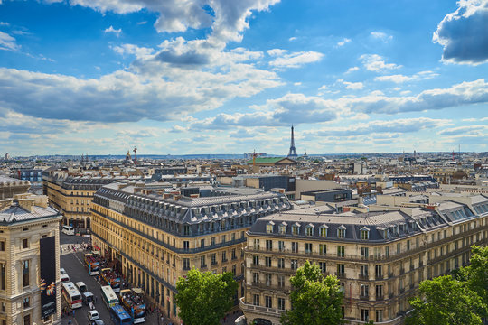 View over Paris with Opéra and Eiffel Tower / Taken from the Rooftop Balkony of the famous shopping centre Galeries Lafayette