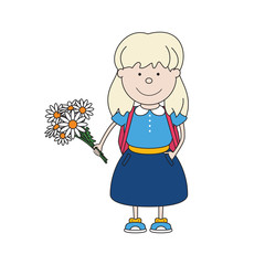 Little schoolgirl with flowers in hand, with a backpack behind her isolated on white, back to school, vector illustration