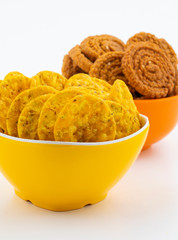 Indian Street Snack Food Masala Khari Papdi with Chakli on White Background