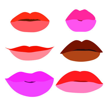 mouth Lips close up Design element isolated collection Stylish colorful different shades of lipstick Beauty Make up expressing different emotions art paint on white background  illustration  Vector
