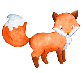 Cute cartoon watercolor forest animal. Hand painted lovely baby fox illustration perfect for print and card making. Woodland wild orange fox