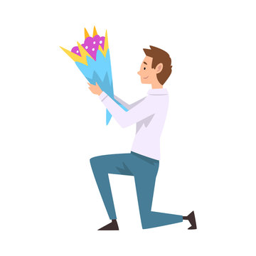 Smiling Man Kneeling Down with Bouquet of Flowers, Guy Making Marriage Proposal Vector Illustration