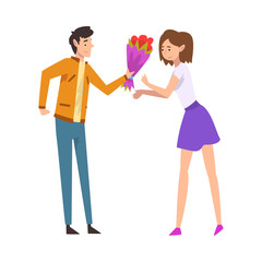 Young Man Giving Bouquet of Flowers to Happy Girl, Congratulations on Holiday, Birthday or Romantic Date Vector Illustration