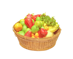  Woven basket full of different fruit.